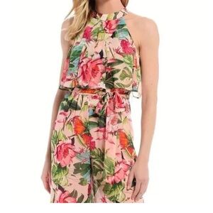 Eliza J Pink and Green Floral Jumpsuit with Tie Waist